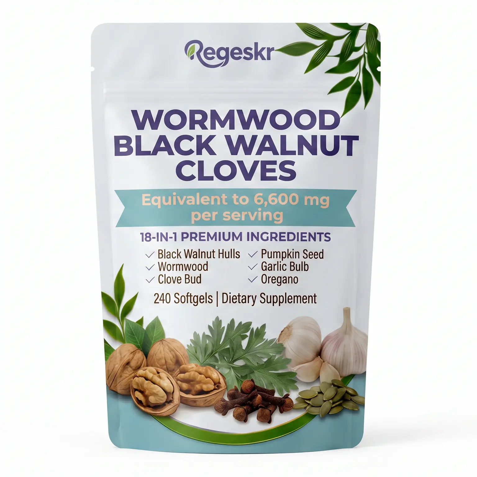 Regeskr Wormwood Black Walnut Cloves Supplement 6600mg | 18-in-1 Premium Herbal Complex with Pumpkin Seed & Garlic | 240 Easy-to-Take Softgels