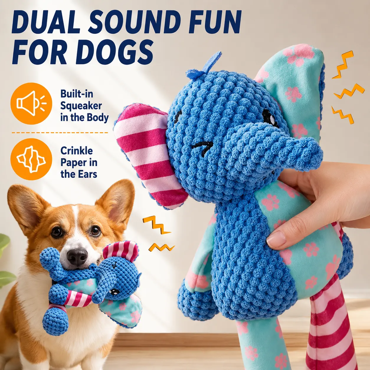 Squeaky Patchwork Elephant Plush Dog Toy - Ultra-Soft Plush Chew Toy with Built-in Squeaker & Crinkle Ears, Interactive Durable Comfort Toy for Dogs & Puppies