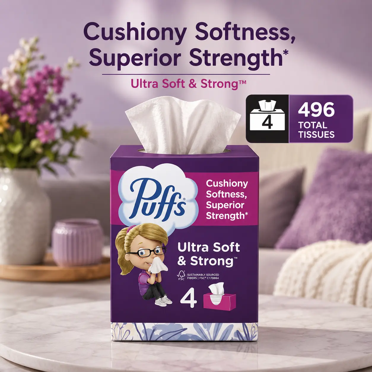 Puffs Ultra Soft Facial Tissues, 4 Family Size Boxes, 124 Facial Tissues per Box