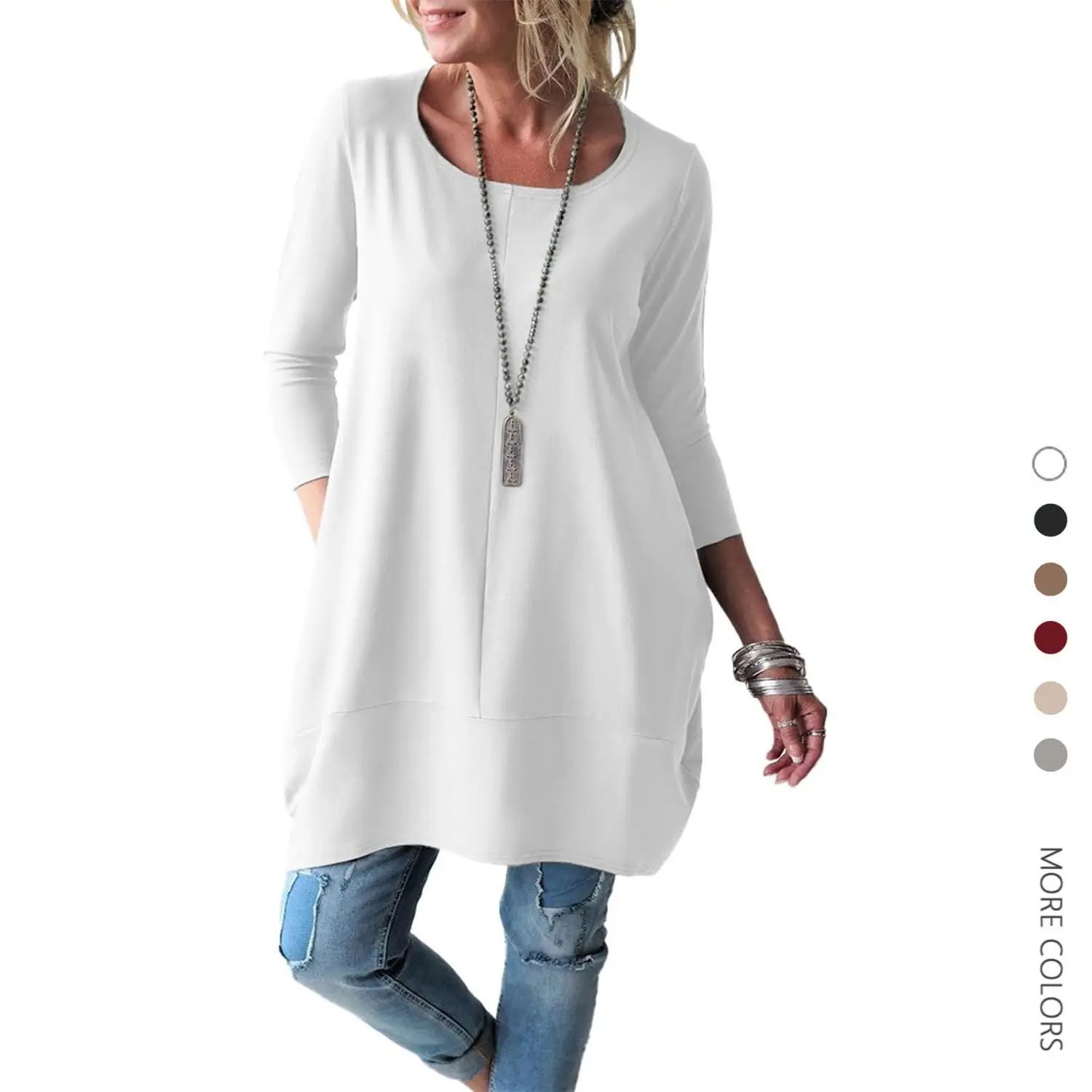 Women's Long-Sleeve Casual Dressy Tunic Blouse - Stretchy Cotton-Polyester-5% Spandex Fabric, Loose Fit Top for Leggings, Basic Black, Expandable, Plus Sizes Available, Moves with Ease