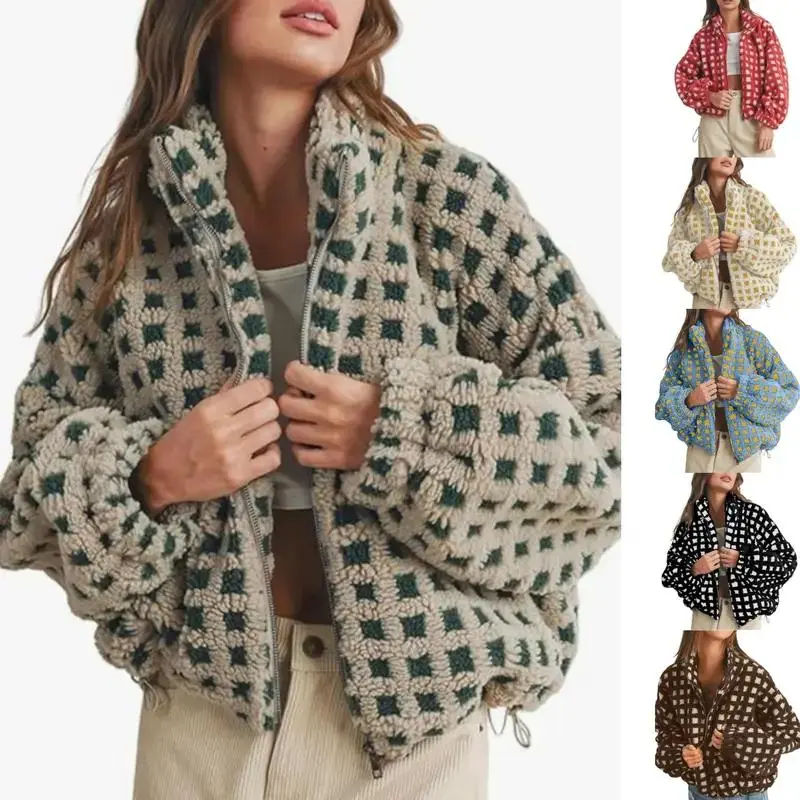 Naeduo Women's Cute Preppy Collared Neck Plush Sherpa Fleece Zip Up Jacket - Snug Polyester Casual Thick Coat, Elastic Cuff Sleeves, Plaid Colorblock Design - Ideal for Fall, Winter, New Year Wear