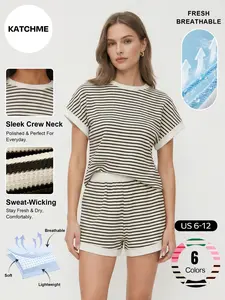 Katch Me Chic Women's Slouchy Stripe Round Neck Short Sleeve Top & Side Pocket Shorts Co-ord, Loose Lightweight Pill Resistant Two Piece Sets, Athleisure Breathable Daily Outfit