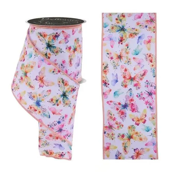 4" x 10yd Brilliance Botanical Butterflies Ribbon – White/Yellow/Coral/Pink/Lavender
