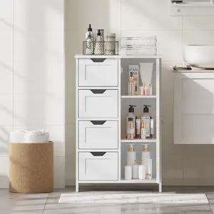 Freestanding Wooden Bathroom Organizer Storage Cabinet - 4 Drawers, 1 Door, Narrow Space-Saving Floor Organizer for Bathroom, Entryway (Mother’s Day Gift Option)