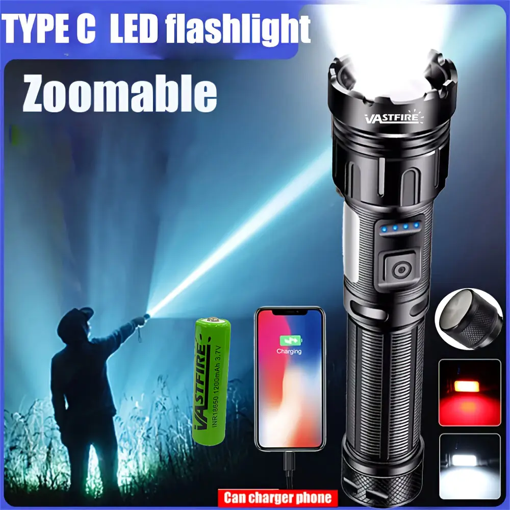 VASTFIRE High Performance Flashlight - 1800LM USB-C Fast-Charging Aluminum Zoomable Torch, XHP50 & COB Dual-LED, Extendable Adjustable, Magnetic Tail, 7 Modes, IPX4 Waterproof Lightweight for Adults’ Outdoor Emergency, Caving Use, Super Bright Flashlight,