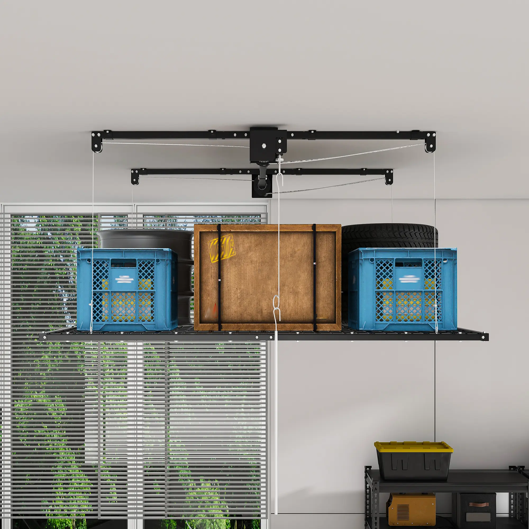 Overhead Garage Storage Rack with Crank-Down System, All-Steel Construction, Manual Safety Lock, for 10-12 FT Ceilings, Multiple Size and Capacity Options, Black or White
