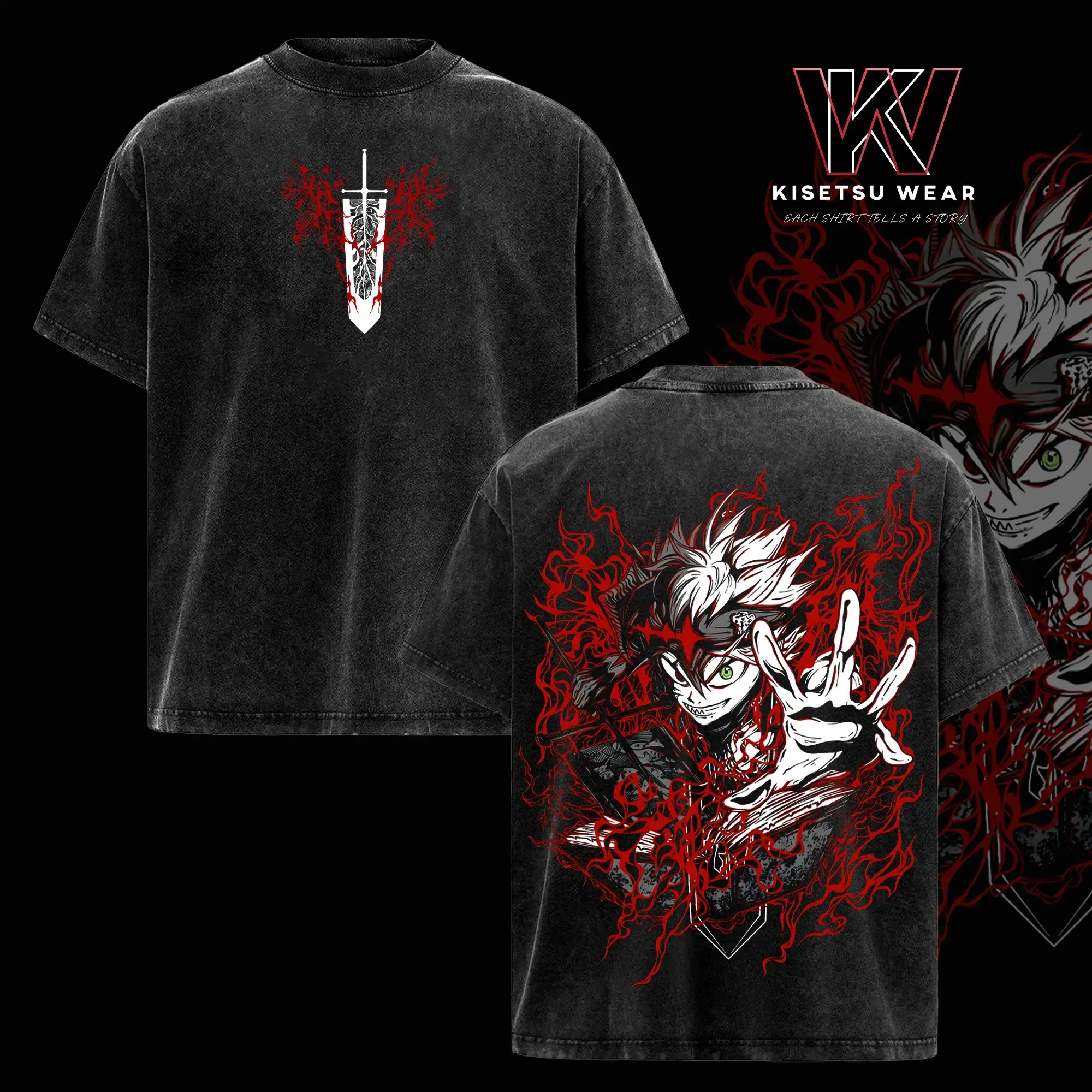 Men's Black Clover Asta Demon Form Graphic T-Shirt - Vintage Washed Round Neck Short-Sleeve, Pure Cotton Seamless Breathable Oversized Unisex Streetwear with Shoulder Tape Piping, All Seasons Anti-Magic Casual Menswear Top Gift for Anime Fans