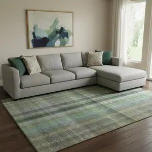 HomeRoots 648508 10 x 14 ft. Green & Gray Plaid Transitional Washable Machine Made Rectangle Area Rug with UV Protection