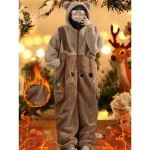 Women's cute cartoon bear-shaped one-piece pajamas, thick warm zipper home clothes, with hood, ears and pockets, autumn and winter plush pajamas Womenswear Elastic Soft Loungewear