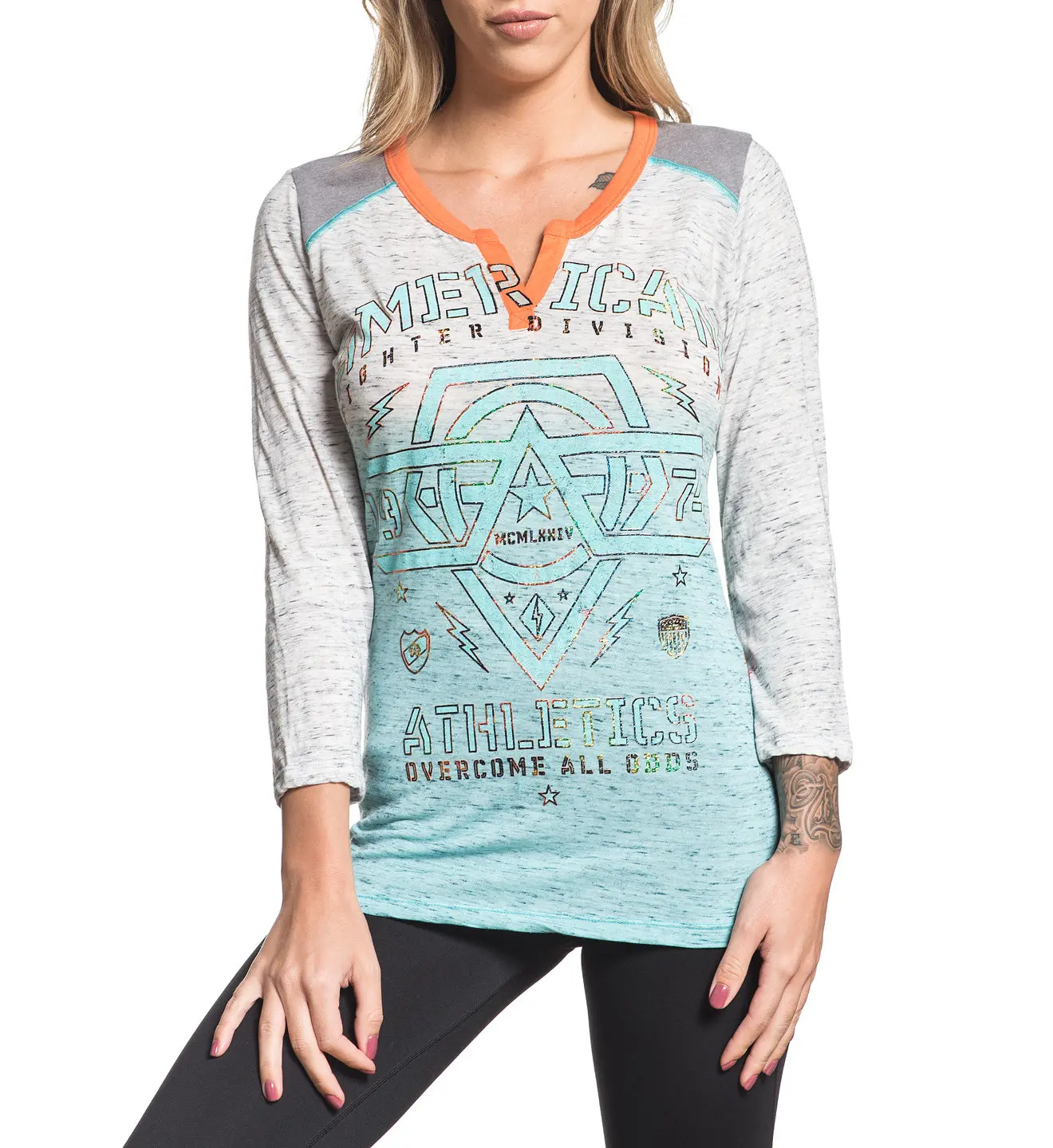 American Fighter Women's Westend 3/4 Sleeve V-Neck Tee in Capri Dip Dye with a Graphic Print, Dip Dye Capri, Printed Front Back, Cotton