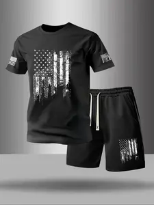 Men's Summer Flag Design Letter Print Round Neck T-Shirt with Drawstring Pocket Shorts, Casual Outdoor 2-Piece Set for Relaxed Fit