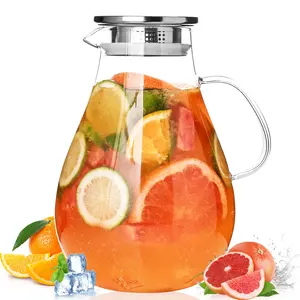 Glass Pitcher, 2.5Liter Water Pitcher With Lid,Iced Tea Pitcher for Fridge,Carafe With Lid, Glass Water Jug For Juice, Milk, Cold Or Hot Beverages, 2.64 Quart  Fruit Drinkware Silicone seal cap