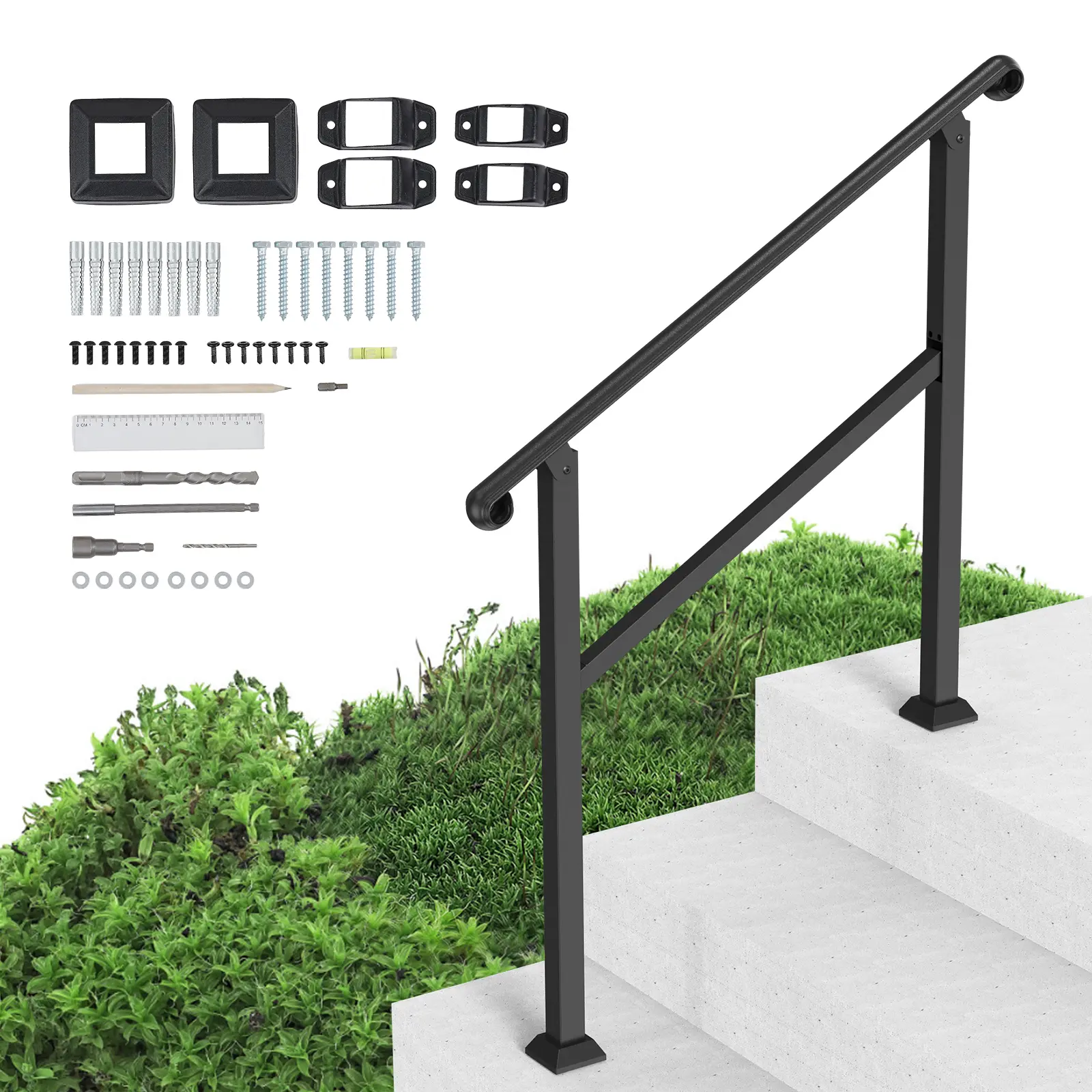 【Summerfinds】VEVOR Handrails for Outdoor Steps,2-3 Step Stair Hand Rail & Indoor Railing KitRailings for Outside Steps with Installation KitHand Rails for Seniors,Porch Railing & Deck Hand RailBlack