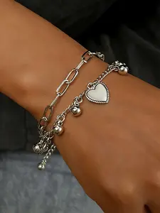 Double Layer Heart Bead Cross Pearl Bracelet, Vintage Sweet Cool Punk Style, Fashion Accessory for Women, Perfect Gift Idea