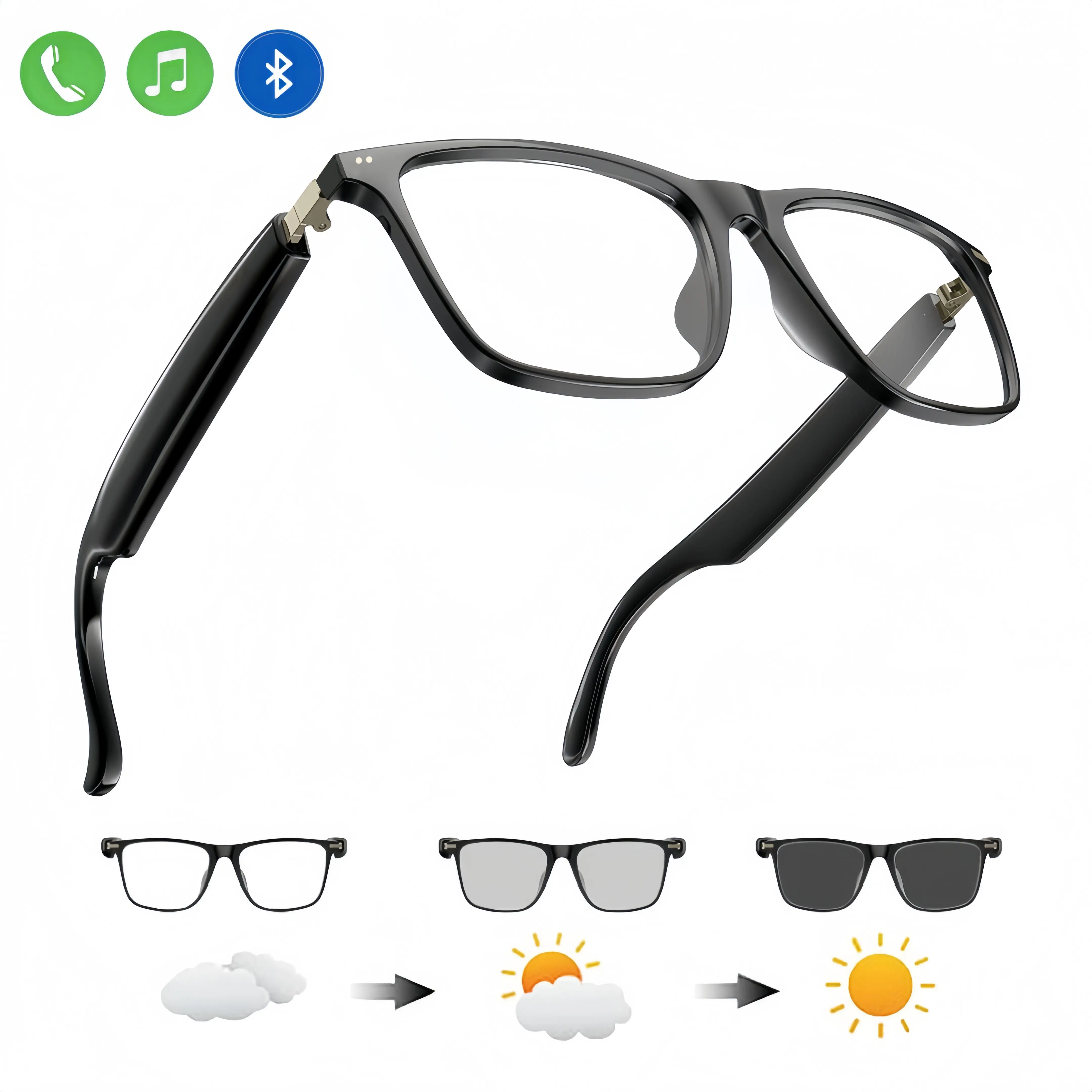 Wireless Wearable Built-in Earbuds Smart Glasses - Auto-Tinting Polarized Blue Light Blocking Lenses, Open-Ear Audio, Hands-Free Calling, Android Compatible