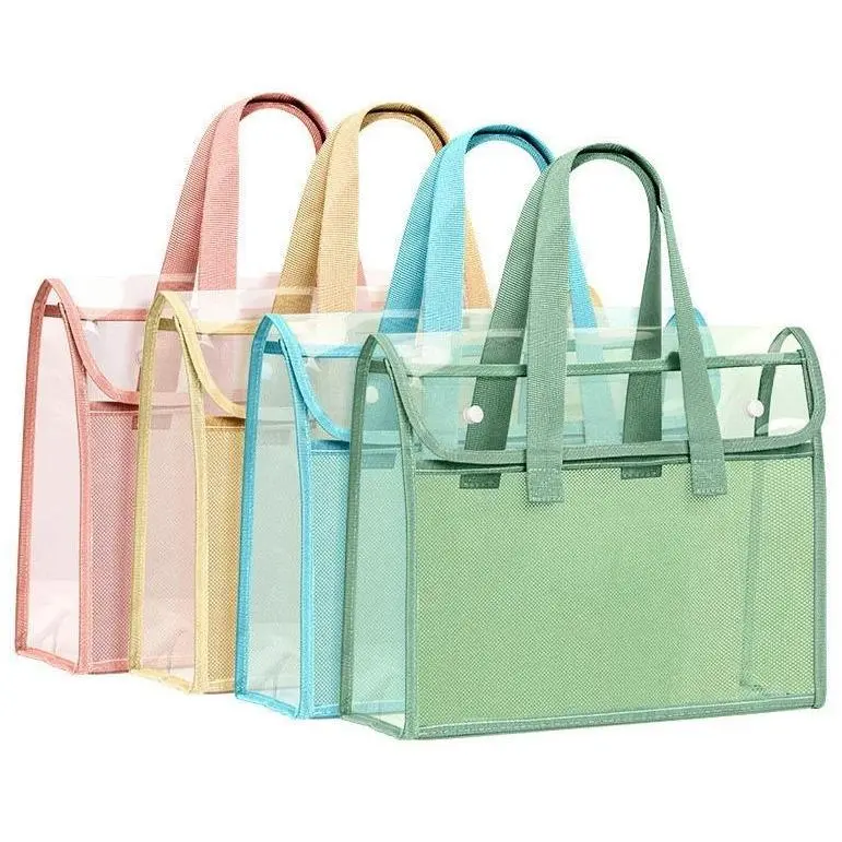 Student Study Storage PVC Clear Book Pouch Snap Closure Double Layer Design Waterproof Dustproof Strong Weight Bearing Hand Carry Bag