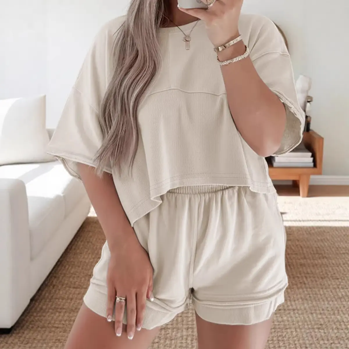 Women's 2 Piece Lounge Set Casual Waffle Knit Raw Edge Crop Top and Elastic Waist Shorts Set with Pockets, Minimalist, Loungewear, Women's Clothes, 2 Piece Sets