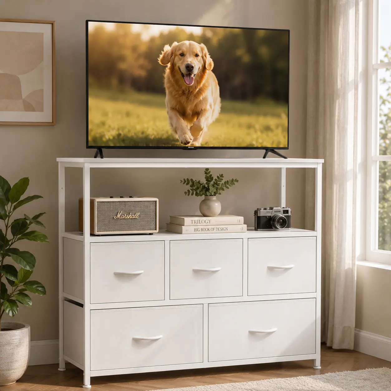 Sweetcrispy Modern Wood TV Stand - 45" TV Ready Media Cabinet with 5 Fabric Drawers, Open Storage Shelf, Easy Setup, Floor-Safe Feet, Indoor Furniture for Bedroom, Corridor Placement