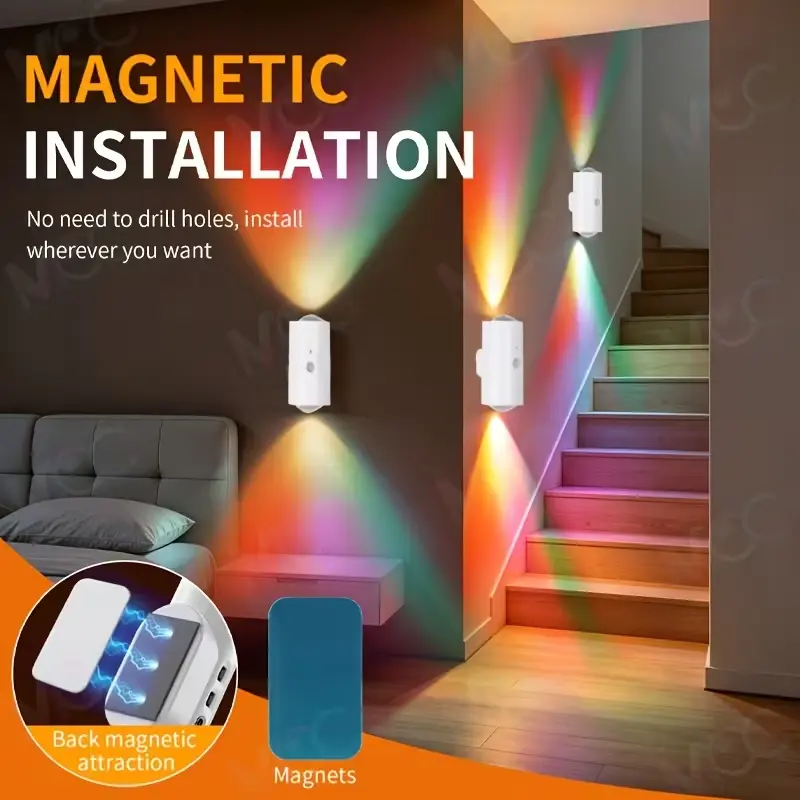 Smart Motion Activated LED Light, Rechargeable Color Changing Night Lamp, Portable Magnetic Wall Light with Dimming Function, USB Charging Indoor Lighting for Cabinets, Hallways, Bedrooms and More