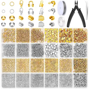 2384Pcs Crimp Beads Supplies for Jewelry Making, Including Crimp Bead Covers, Crimp Tubes, Bracelet Clasps and Closures, Crimp Ends, Jump Rings, Crimping Pliers and Beading Wire for Bracelets Making