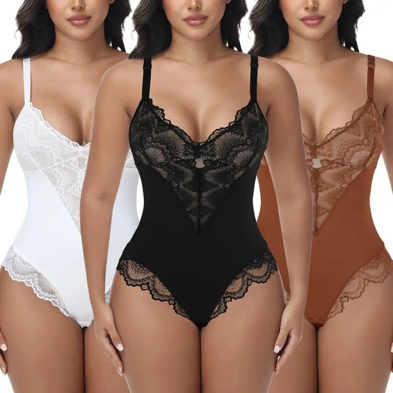 Womens Deep V-Neck Bodysuit Sexy Lace Body Shaper Compression Shapewear Thong Tummy Control Jumpsuit