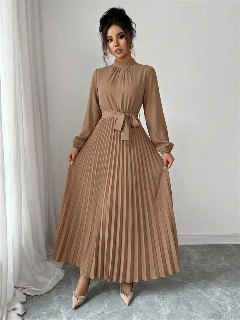 knee length dresses for ladies Chic Ribbed Midi Dress for Women: Long Sleeves, V-Neck main image 1