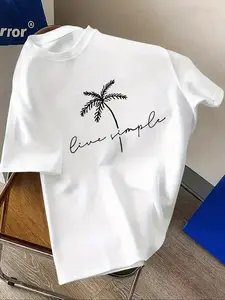 Men's Round Neck Short Sleeve T-Shirt Top, Loose Lightweight Breathable Tropical Coconut Tree Print, Casual Fitted Tee for All Seasons