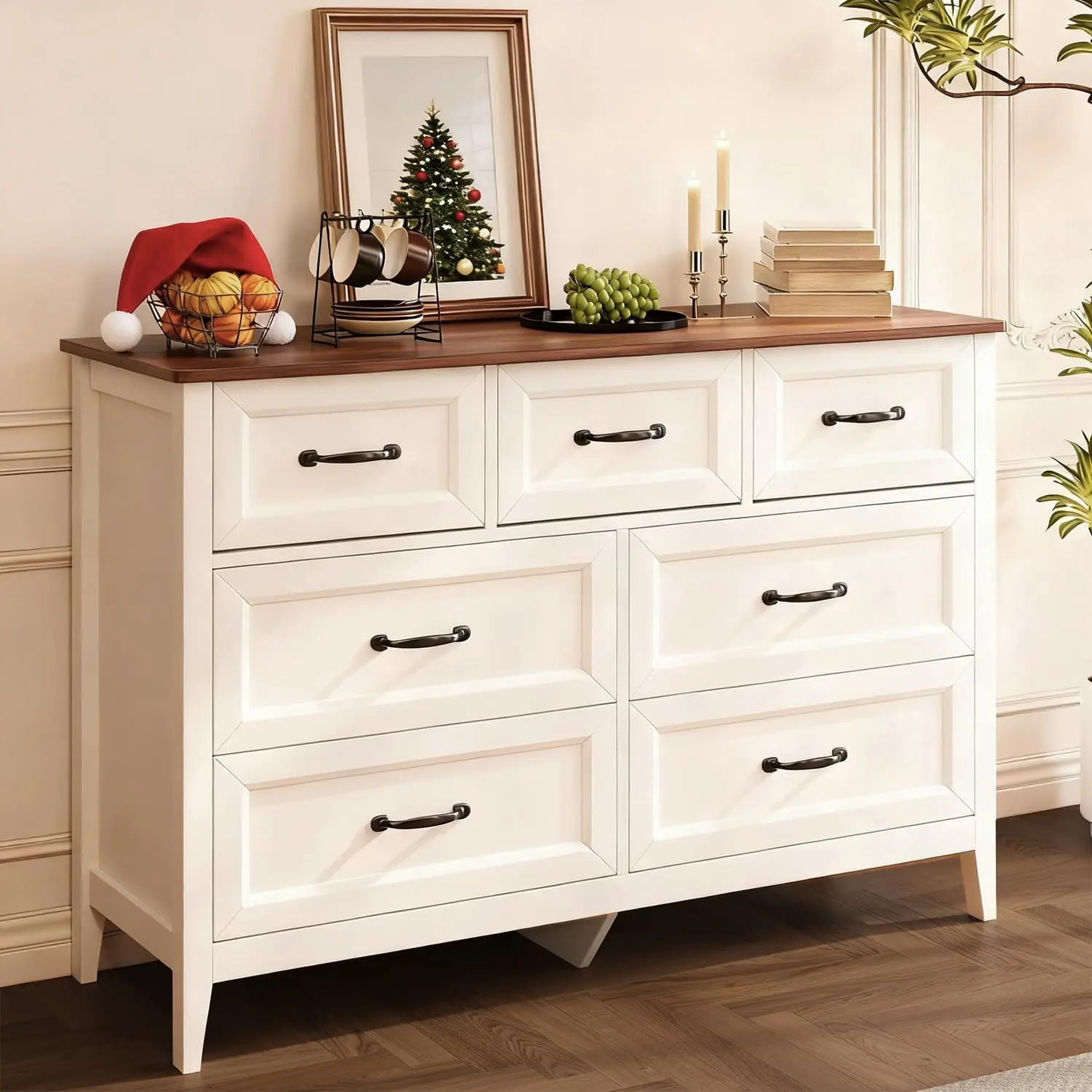 GIZOON Farmhouse 7 Drawers Dresser, White Chest of Drawers | 47" Wide Wooden Storage Organizer with Metal Handles, Anti-tipping, for Bedroom, Hallway, Living Room, Tabletop-Retro