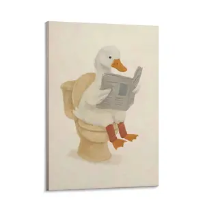 Funny Duck Bathroom Wall Art,Whimsical Duck Reading on Toilet,Humorous Kids Bathroom Wall Decor,Vintage Farmhouse Toilet Decor,Cute Animal Canvas Print for Kids Room