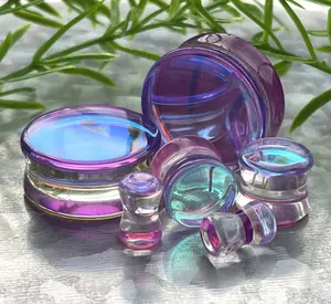 PAIR of Beautiful Mermaid Iridescent Glass Double Flare Plugs