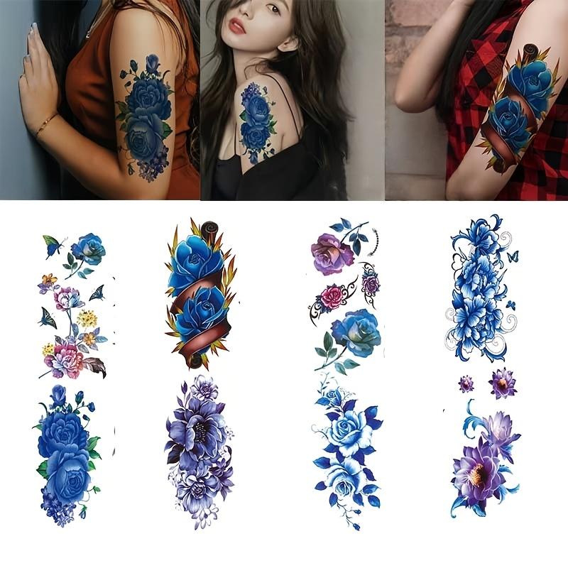 Women's 8-Sheet Assorted Solid Fake Tattoos - Waterproof, Long-Lasting, Normal Body Art for Children, 19x9cm Casual Glitter Floral (Blue-Purple Rose, Lotus) & Butterfly Designs, No Battery Needed