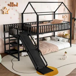 Bellemave】Twin /Full metal House Bunk Bed with Storage Stairs, Slide, Safety Rails, Black