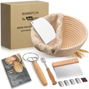 Banneton Bread Proofing Basket Set with Brochure & Baking Supplies, 9 Inch Round Proving Bowl with Liner & Making Tools, Sourdough Starter Kit, Handmade from Quality Natural Indonesian Rattan