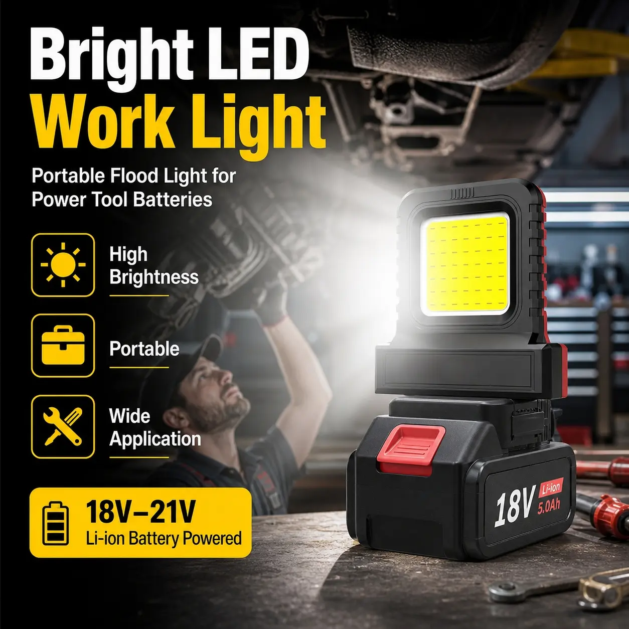 Cordless LED Work Light for 18V-21V Li-ion Batteries, Portable Power Tool Light Compatible with Makita Milwaukee DeWalt Bosch, Jobsite Workshop Lighting, Rechargeable Work Light