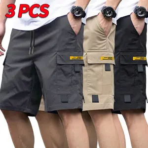 men's cargo shorts three-pack cargo shorts with multiple pockets  a ripstop fabric design; drawstring waist for adjustable sizing; suitable for camping,  outdoor wear,  commuting—loose, casual straight-leg shorts loose casual short fit summer Breathable