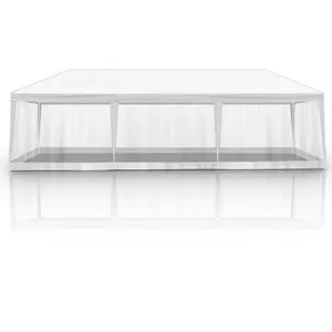 10×30ft White Foldable Gazebo Canopy, 8 Sides with 2 Doors & 6 Mesh Panels, Equipped with 8 Separated Mesh Sidewalls, White PE Top Cover, White Spray Coated Iron Tubes, White Mesh LT