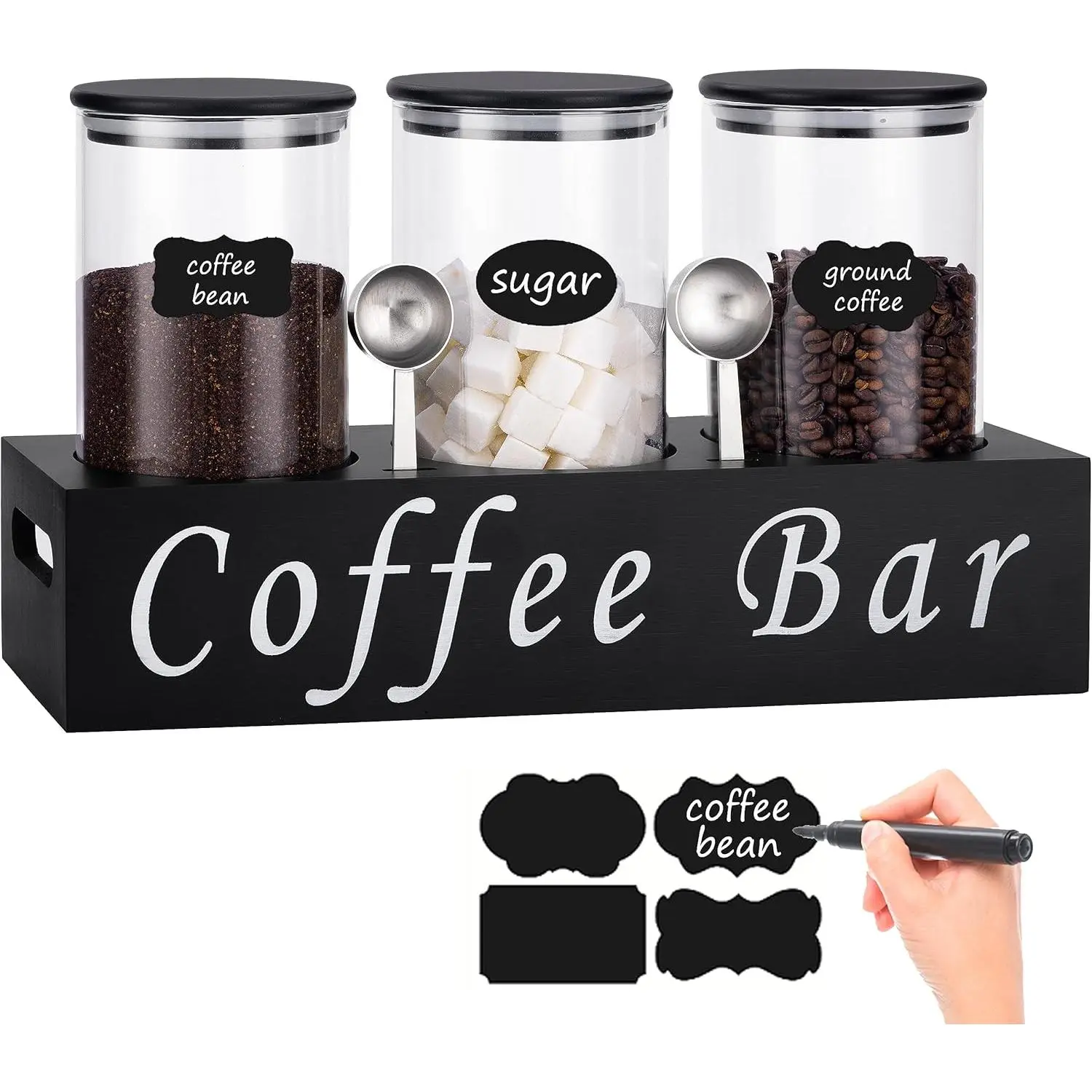 Glass Coffee Containers Airtight Coffee Bean Storage Jars with Shelf, 3 count 44oz Coffee Station Organizer Coffee Canisters, Kitchen  Storage Jars for Coffee, Sugar, Candy, Oats, Nuts (BLACK)