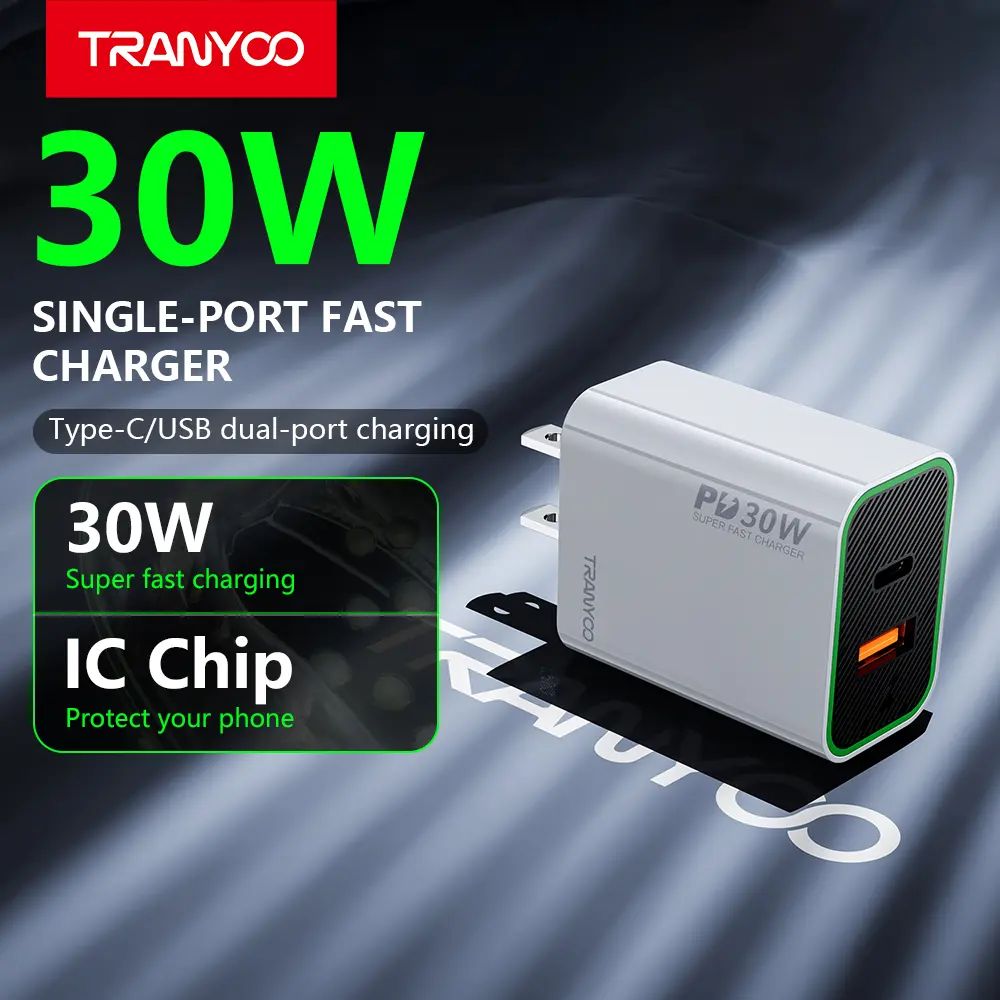 TRANYOO T-US13 30W USB-C Fast Charger Block with USB-A Port, PD Fast Charging Wall Adapter, Smart IC Protection, Universal Travel Charger for Smartphone, Cellphone, Mobile & Electronic Devices
