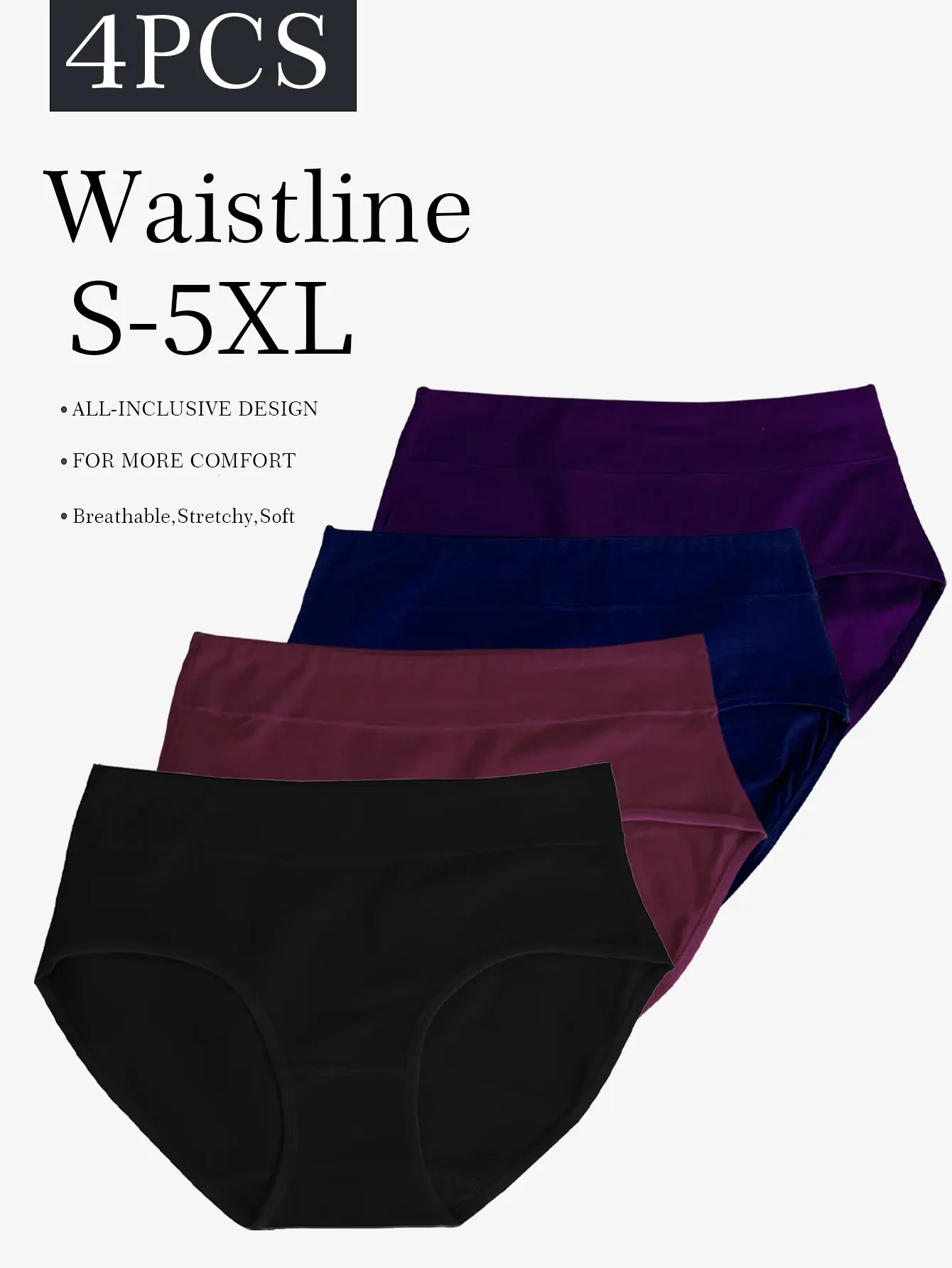 Women's Plus Size High Waist Cotton-Elastane Briefs, Set of 4 Solid Plain, Anti-Crump Anti-Winding, Soft Trim, Durable Elastic Fabric, 2XL-5XL, Purple+Blue+Rose Red+Black, Casual Everyday Wear, Hand Wash Only