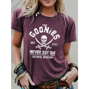 Women's Short-Sleeve "Goonies Never Say Die" Retro Graphic Casual T-Shirt - Vintage Skull & Bones Design, Soft Cotton-Spandex Fabric, Comfortable Everyday Nostalgic Streetwear for 80s Movie Fans