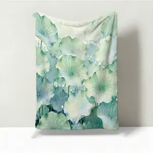 1 Piece Watercolor Lotus Leaf Throw Blanket, Green Lotus HD Digital Single-Sided Print Flannel Blanket, Super Soft Warm Blanket for Couch Bed Travel, Multipurpose Cozy Gift Blanket