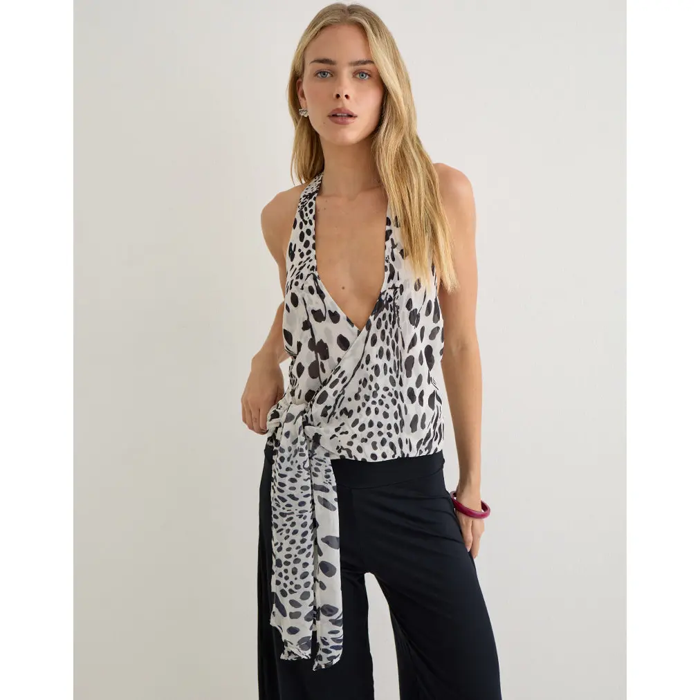 MOTEL Lilita Halterneck Top in Dalmatian Skin Black and Ivory