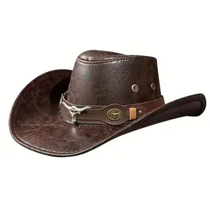 Classic Western Cowboy Hat with Bull Head Belt Buckle, Wide Brim PU Leather Jazz Hat for Sun Protection – Designed for Spring, Summer, and Autumn Outdoor Activities, Outdoor Headwear | Cowboy Hat | PU Leather Hat, Cowboy Accessories