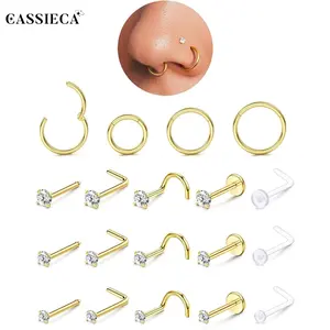 CASSIECA Gold Filled Nose Rings Studs Hoops for Women Men 20G 18G 316L Surgical Stainless Steel Hypoallergenic Dainty Simulated Diamond L Shaped/Corkscrew/Straight/Push Back Nostril Piercing Jewelry