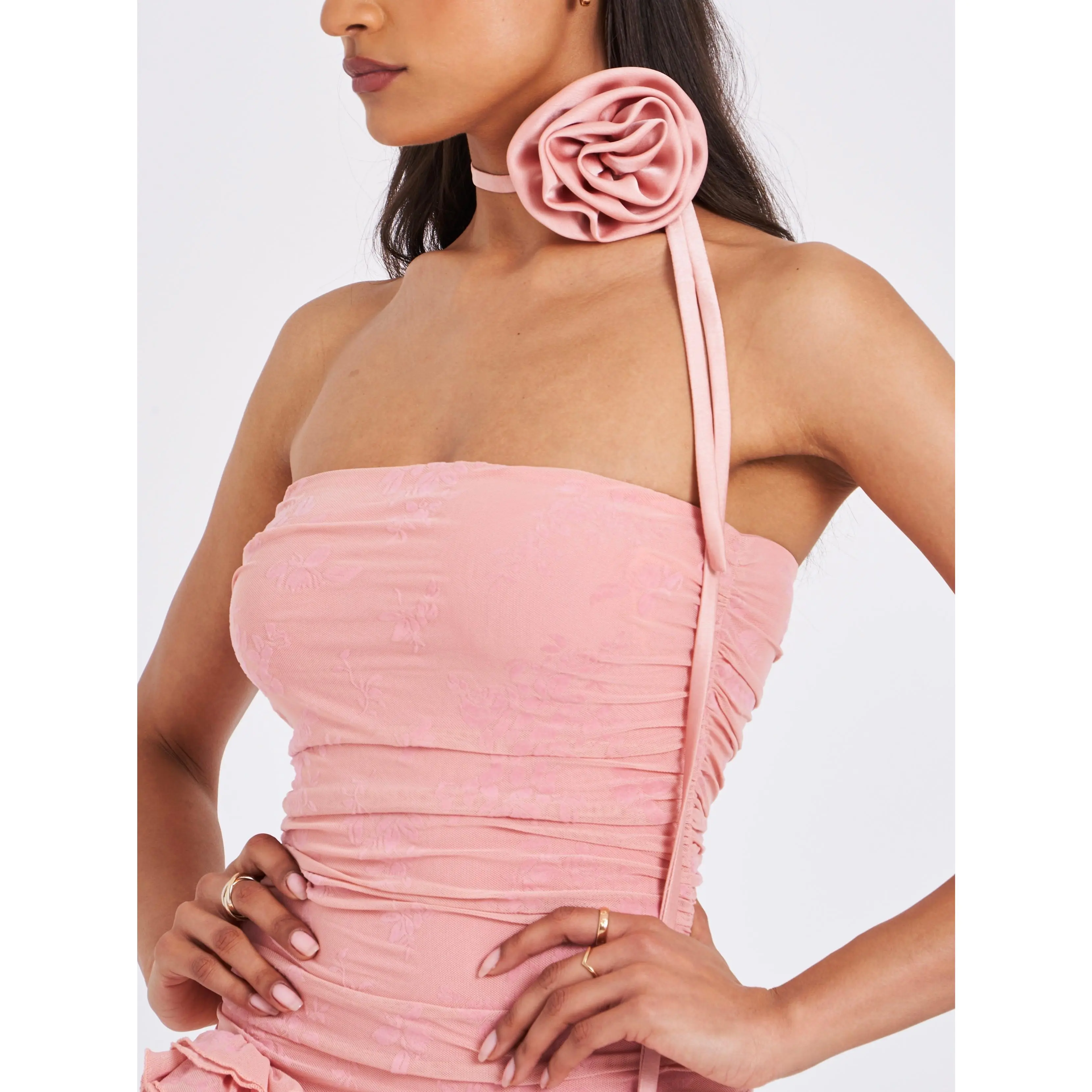 Vida Salmon Pink Satin Rose Flower Choker