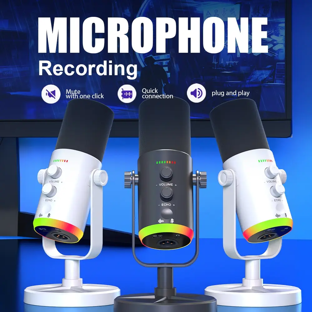 Yu7 XLR/USB Dynamic Audio Microphone with RGB Gaming Software, Silent Gain Knob, Adjustable Volume Control, Headphone Jack, Live Streaming, Podcasting, Recording, Live Podcast Equipment