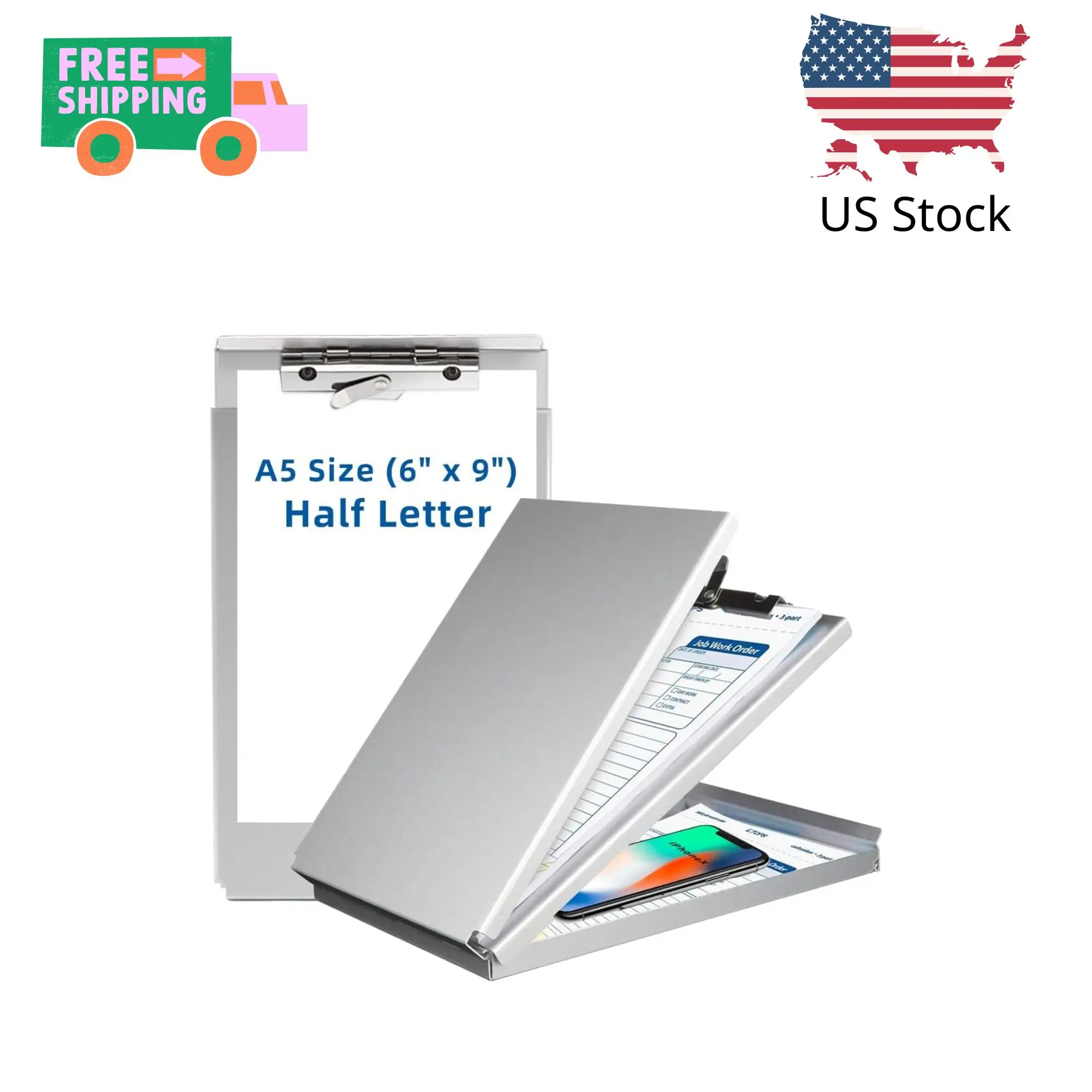 Aluminum Clipboard with Storage(Memo Size), Recycled Metal Form Holder Binder, A5 Size