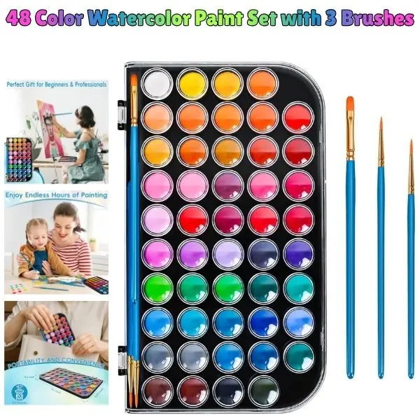 48 Color Watercolor Paint Set with 3 Brushes – Vibrant Washable Watercolor Kit for Kids, Beginners & Artists, Portable Travel Painting Set, Non-Toxic Art Supplies