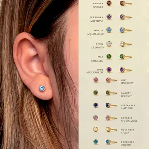 Birthstone Stud Earrings – 4mm Dainty Gold-Plated Cartilage Earrings – Zodiac Crystal Jewelry