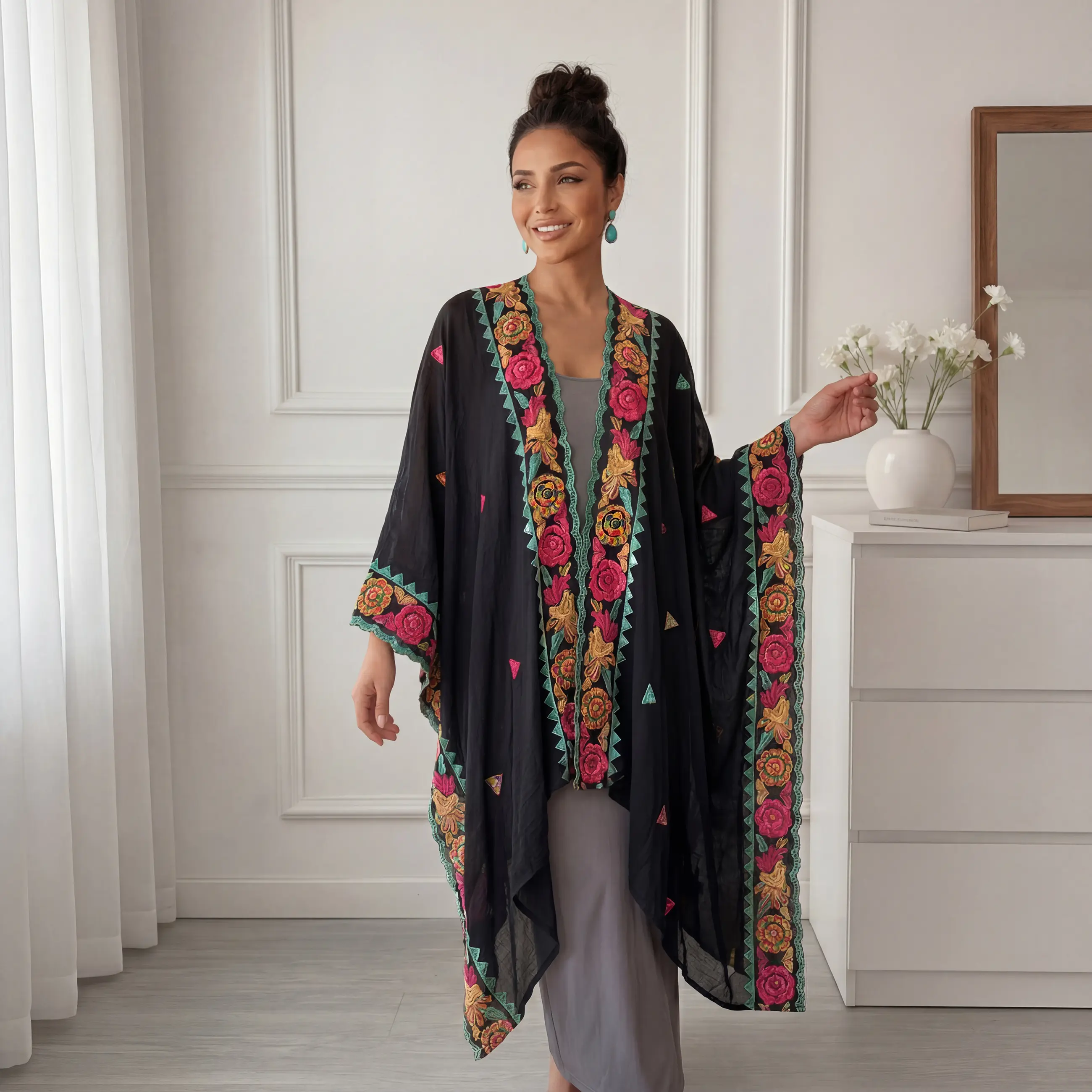 Women Boho Floral Embroidered Kimono Cardigan - Ethnic Style Lightweight Polyester, Loose Fit, Irregular Hem, Open Front Cover Up for Beach, Travel, Casual & Festival Wear Womenswear Bohemian poncho scarf head wrap